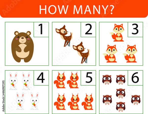 Fototapeta How many the forest animals. Montessori game for children. Educational game for kids quantitative score. Preschool Number Counting Printable Activity, Count to 10 Printable Worksheet, Math Learning fo