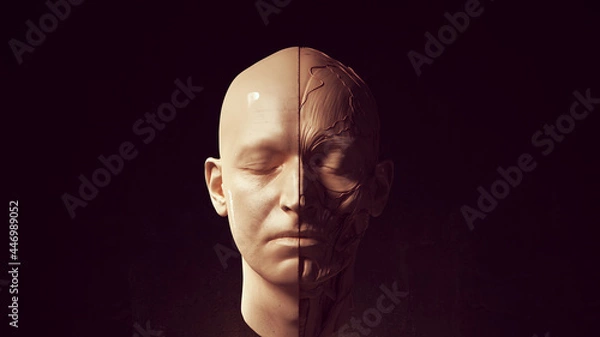 Fototapeta Human Ecorche Flayed Head Face Anatomical Musculature Display Halloween Sculpture Front View 3d illustration render