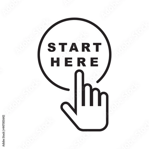 Obraz Start here icon, black line isolated on white background, vector illustration.