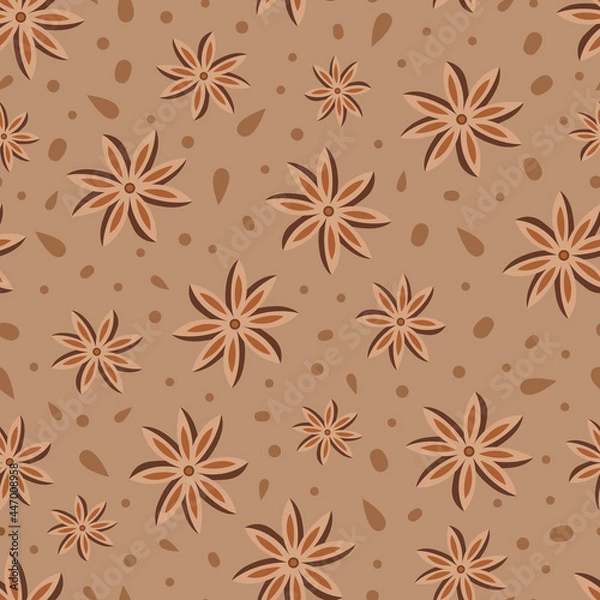 Fototapeta Star anise spice, chai tea latte design with illustrated pod and seed ingredient elements. Warm light brown, monochromatic, stylised, simple, abstract seamless repeat pattern background texture