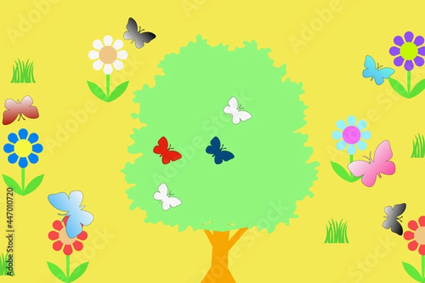 Fototapeta 木と花と蝶