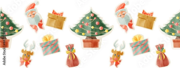 Fototapeta クリスマスモチーフの連続背景パターン手描き水彩風イラスト