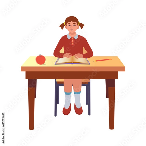 Obraz  Girl sitting by desks at lesson. Cartoon character in flat style 