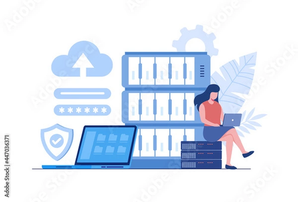 Fototapeta Programmers with laptops working on code and big data. software development, data processing and analysis,