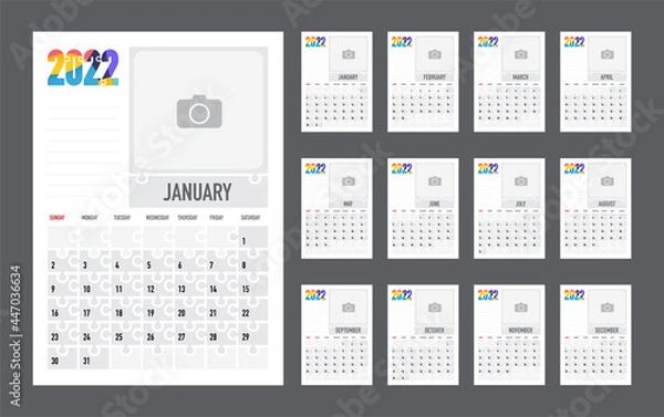 Fototapeta Calendar Colorful planner for 2022. The week starts on sunday. Vector design illustration.
