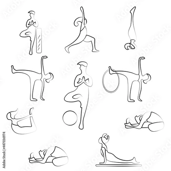 Fototapeta A set with outline funny vector yoga poses.