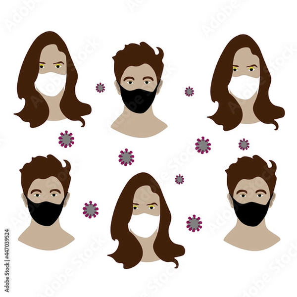 Obraz Man and woman with protective mask against covid 19. Cartoon style illustration.