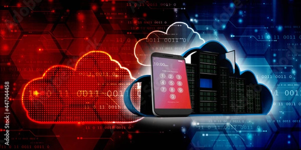 Obraz 3d illustration Data center server near mobile phone
