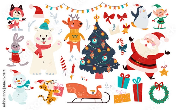 Fototapeta Big set of Christmas decor elements and characters isolated. Santa Claus, elf, bear, gifts, sleigh, fir tree etc. Vector flat cartoon illustration. For Xmas card, banner, print, pattern, packaging.