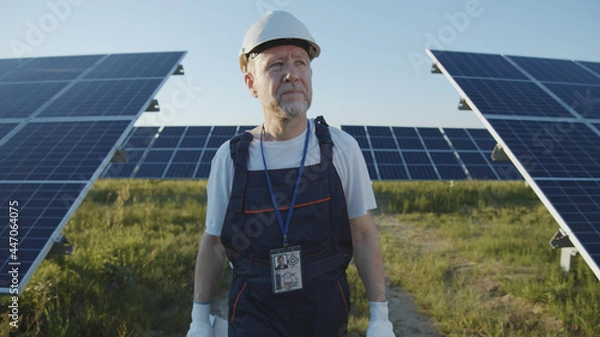 Obraz Adult man engineer technician standing against modern solar battery panels on green sunny field. Futuristic technology innovation. Ecology and environment concept. Sunlight power. Eco-friendly system