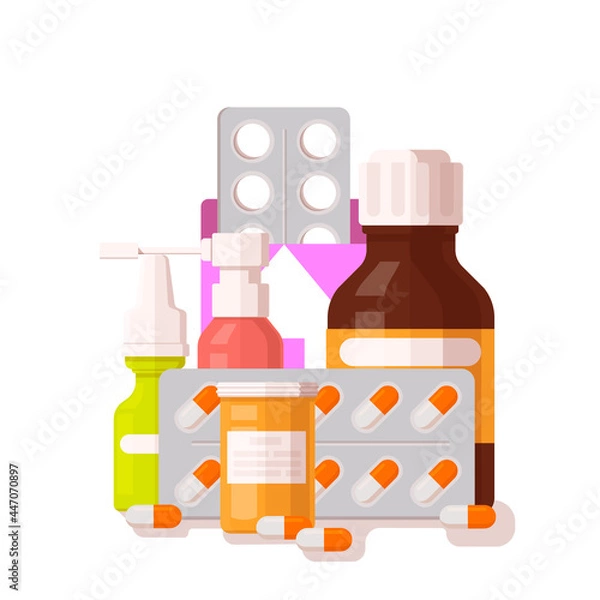 Fototapeta Medicine vector concept. Includes medical bottles and sprays with drugs and pills in blisters. Isolated on white background