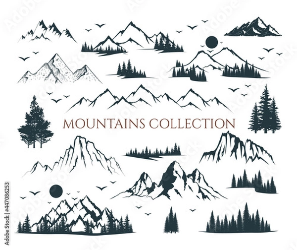 Obraz Mountain shapes and fir forest trees collection. Vector isolated illustration with rocky mountains, trees silhouettes. Landscapes and scenery.