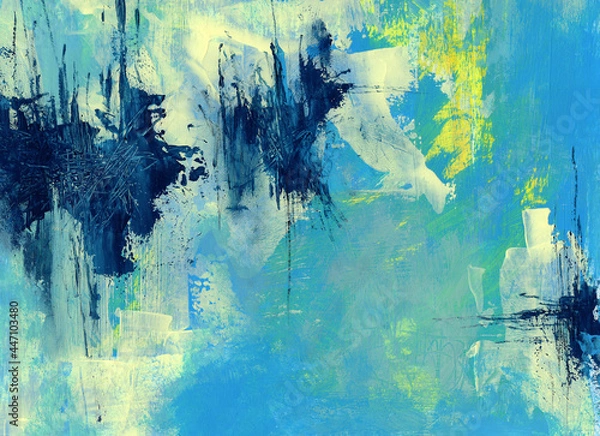 Fototapeta Art background abstraction for design and decoration. The background is painted with blue, yellow and vanilla acrylic paints.