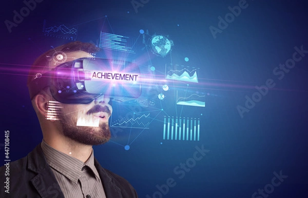 Fototapeta Businessman looking through Virtual Reality glasses