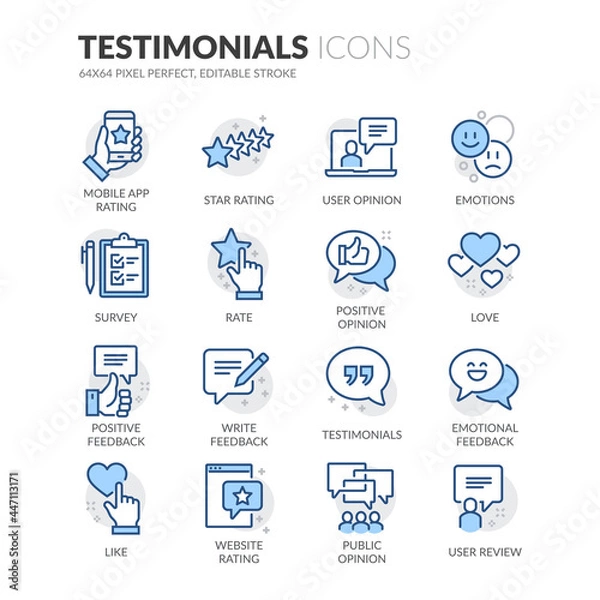 Fototapeta Simple Set of Testimonials Related Vector Line Icons.  Contains such Icons as Star Rating, Feedback, Review and more. Editable Stroke. 64x64 Pixel Perfect.