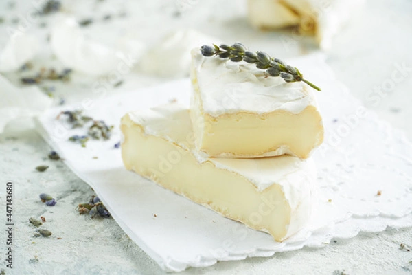 Obraz Camembert cheese on a background of garlic and lavender