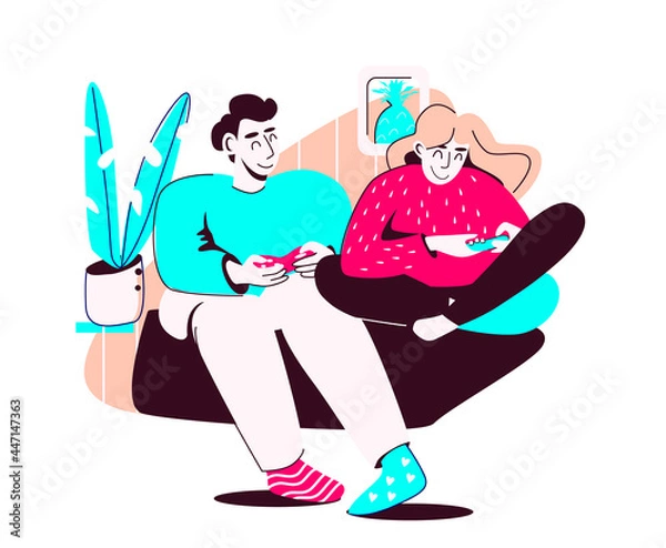 Fototapeta A young man and a woman play consoles while sitting on the couch together in a familiar home environment. The concept of a family evening together. Vector illustration isolated on white background.