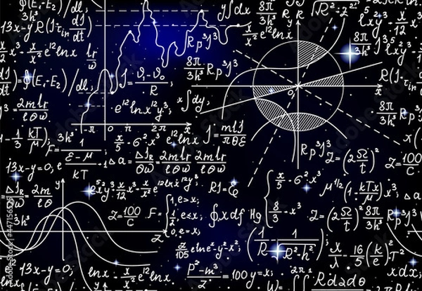 Fototapeta Astronomical scientific vector seamless pattern with handwritten math formulas, equations and figures over the starry sky	
