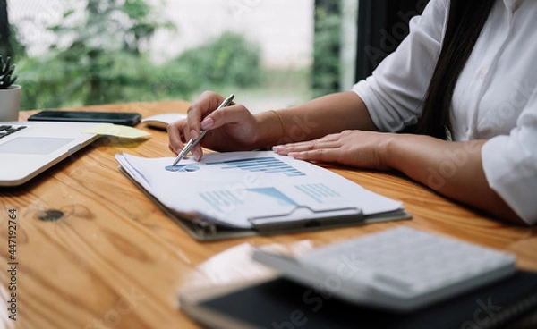 Obraz Accountant calculating income expenditure and analyzing investment data, Accounting Financial and tax systems concept