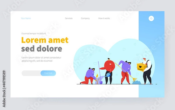 Fototapeta Volunteering and charity concept. Volunteers collecting donations, planting trees, taking care about nature, giving help and support to senior people. Vector illustration in flat style
