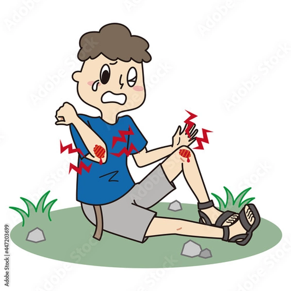 Fototapeta キャンプ場で転倒して肘と膝を擦りむいて血を出してしまった男の子