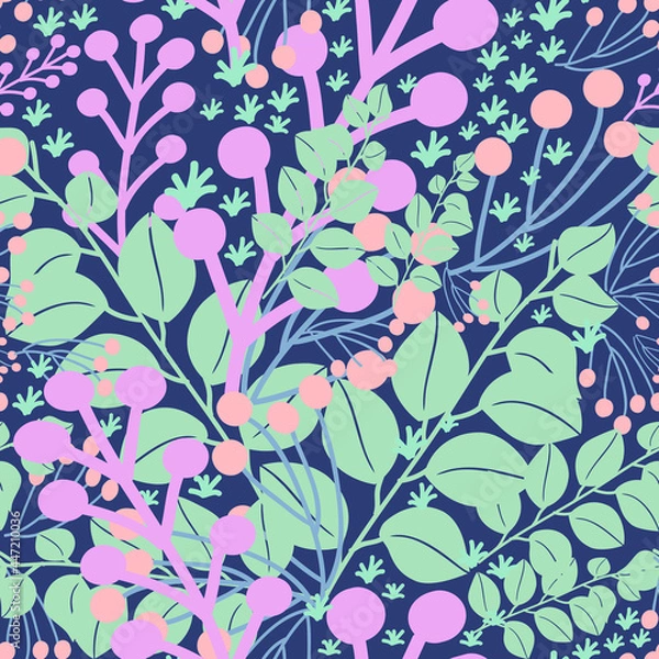 Fototapeta spring summer leaves vector seamless repeat pattern. The nature-inspired happy and colorful greenerry tropical dense pattern