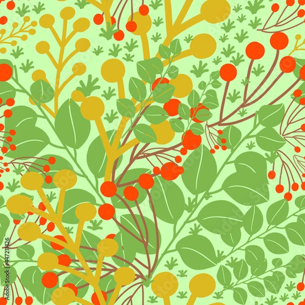 Fototapeta spring summer leaves vector seamless repeat pattern. The nature-inspired happy and colorful greenerry tropical dense pattern