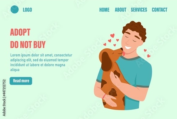 Fototapeta Adopt do not buy landing page vector template. Happy pet owners. A young man hugs a dog. Flat vector illustration