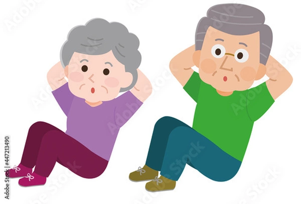 Fototapeta 腹筋するシニア男性とシニア女性　イラスト