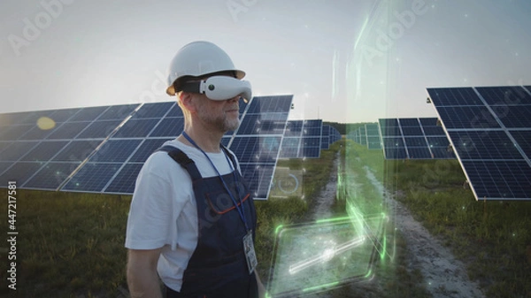 Obraz Adult male worker in VR headset working online checking solar battery panels. 3D hologram graphic. Sunset sky. Futuristic technology innovation. Eco business trend. Virtual reality inspiration. 5G
