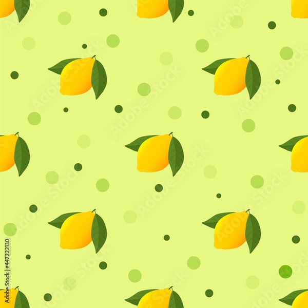 Fototapeta Seamless pattern with Bright yellow lemon and leaves on green background.