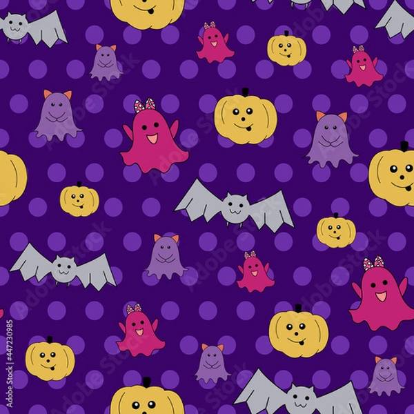 Fototapeta Cute Halloween seamless vector pattern on purple polka dots background