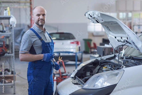 Fototapeta Confident mechanic posing in the garage
