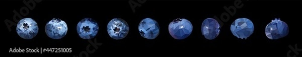 Fototapeta Vector set of Blueberries tasty and delicious isolated on black. Low poly triangular nine berries in a geometric style. 