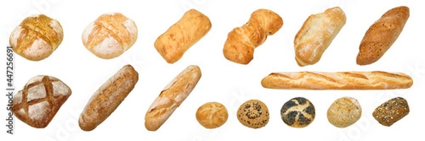 Fototapeta bread and  bakery whole grain bread, ciabatta, brown homemade, baguette, etc. isolated on white background with work path.