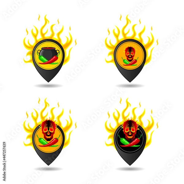 Fototapeta Hot peppers. Peppers on the background of a cauldron, fire, skull. Trendy concept. Geolocation sign