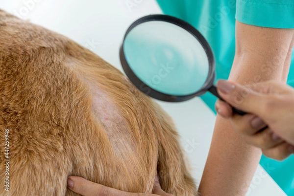 Fototapeta A veterinarian is examining a dog with dermatitis with a magnifying glass. Vet examining dog with bad yeast and fungal infection on skin and body.