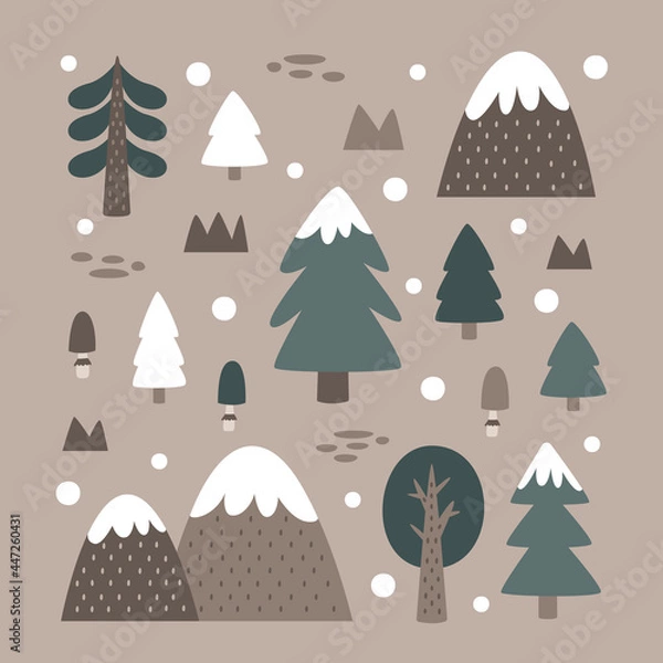 Fototapeta Christmas cute winter forest vector clipart set with Christmas trees, stones, mountains, plants, mushrooms, bushes in trendy scandinavian Boho style