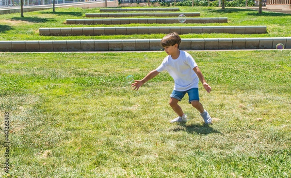 Fototapeta Little Boy Playing In The Park With Soap Bubbles. 6 Year Old Boy Enjoying In The Park On A Sunny Summer Day.