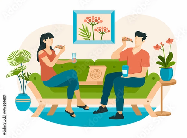 Fototapeta People eat pizza on interior sofa. Male and female character eating at home. Painting with flowers on wall in boho style and house plants in pots scandinavian design. Vector flat illustration