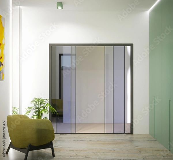 Fototapeta 3d rendering of hall interior with mirror and olive wardrobe