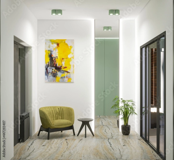 Fototapeta 3d rendering of home hall modern interior with mirror amd olive wardrobe