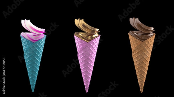 Fototapeta 3 ice cream with waffle cone on a black background