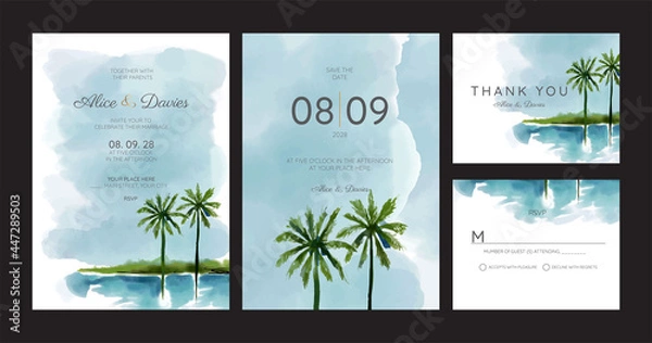 Fototapeta Set of Wedding Invitation, thank you, rsvp rustic card design with gold foil decoration. Vector elegant modern template, trendy cover, graphic poster, retro brochure, design template