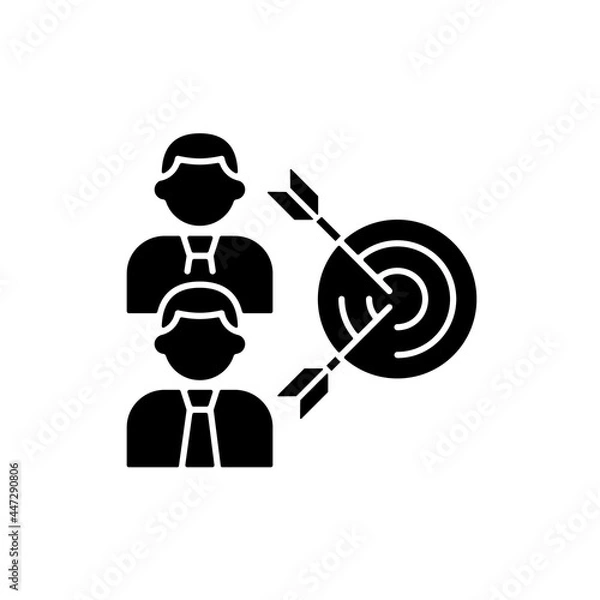 Fototapeta Common goal black glyph icon. Collective purpose. Team building skills. Colleagues aim towards common goal. Two men and arrows. Silhouette symbol on white space. Vector isolated illustration
