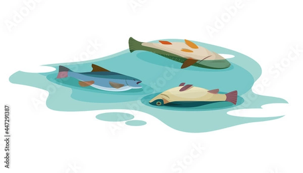 Obraz Three dead fish floating on surface of the poisoned water. Concept of environmental pollution. Vector flat illustration