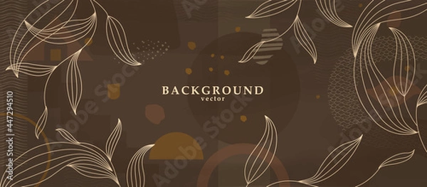 Fototapeta Abstract background art with botanical leaves on dark brown or chocolate background. Earthtone colors wall art decor. Boho style minimalistic background. Vector illustration.