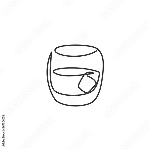 Fototapeta One line drawing whiskey glass on white background. Object for celebration design. Black white cartoon graphic sketch. Continuous line way. Hand drawn party drinks concept. Freehand drawing style