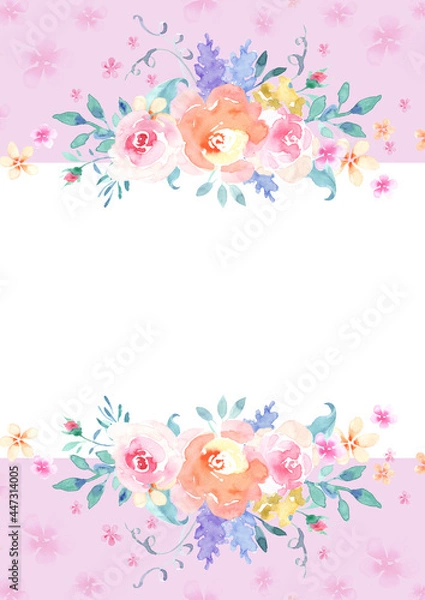 Obraz Watercolor pink flowers, floral frame for card end invitation