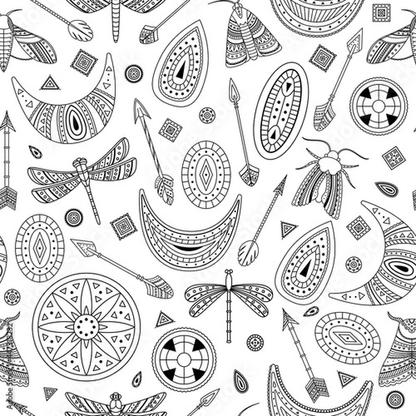 Fototapeta Vector seamless pattern with boho illustrations. Bohemian background. Line art, outlines.